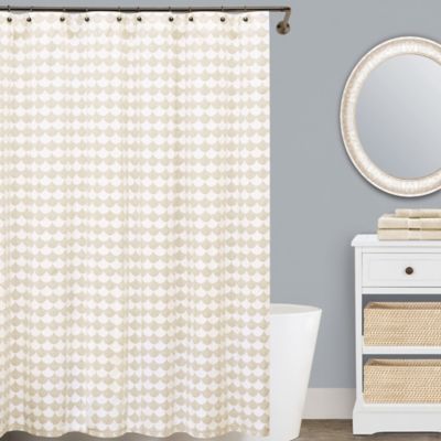white and beige shower curtain