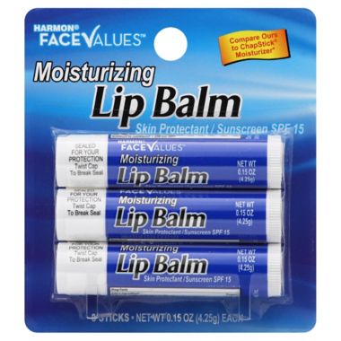 Harmon&reg; Face Values&trade; .15 oz. 3-Count Moisturizing Lip Balm with SPF 15. View a larger version of this product image.