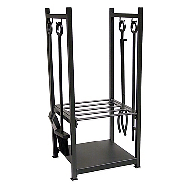 UniFlame&reg; 5-Piece Fireplace Tool Set and Log Rack Combination in Black. View a larger version of this product image.