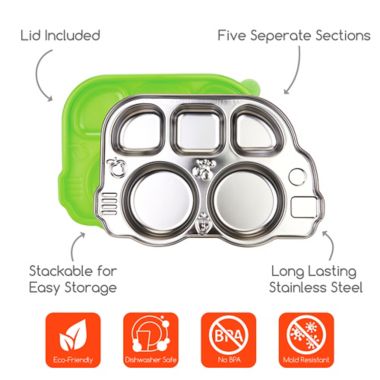 Innobaby Din Din Smart&trade; Stainless Bus Platter with Green Lid. View a larger version of this product image.