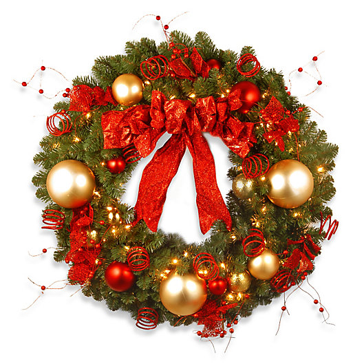 Alternate image 1 for National Tree Company 3-Foot Decorative Cozy Pre-Lit Christmas Wreath with Red and Clear Lights