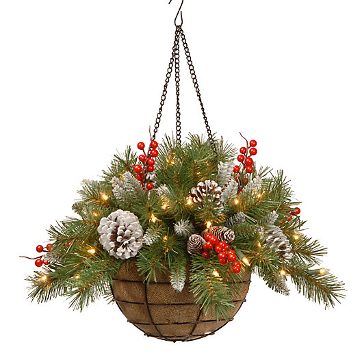 Alternate image 1 for National Tree 20-Inch Frosted Berry Pre-Lit Hanging Basket with Warm White Lights