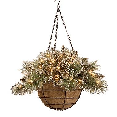 National Tree Company 20-Inch Pre-Lit Glittery Bristle Pine Hanging Basket w/ Warm White LEDs. View a larger version of this product image.