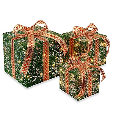 National Tree Company Sisal Pre-Lit Gift Boxes in Green (Set of 3). View a larger version of this product image.