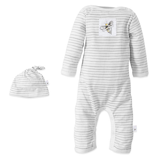 Alternate image 1 for Burt's Bees Baby™ Organic Cotton Watercolor Footless Coverall and Hat Set in Fog Stripe
