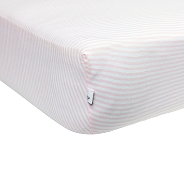 Burt&#39;s Bees Baby&reg; Bee Essentials Stripe Organic Cotton Fitted Crib Sheet in Blossom. View a larger version of this product image.