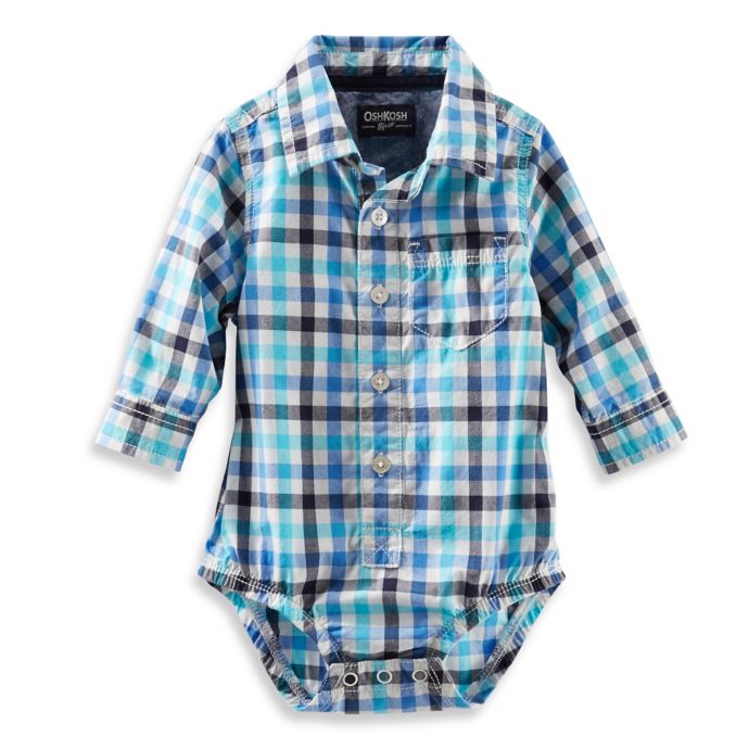 OshKosh B'gosh® Long-Sleeve Poplin Bodysuit in Blue Check | buybuy BABY