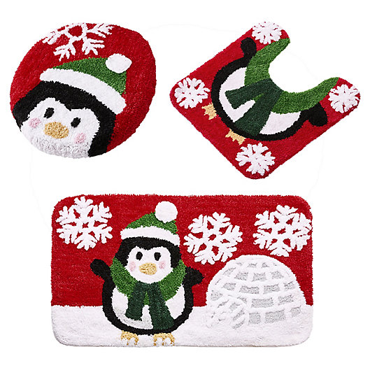 Alternate image 1 for VCNY Home 3-Piece Penguin Holiday Bath Rug Set in Red