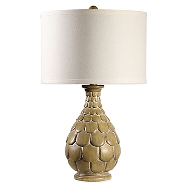 Small Petal Table Lamp in Natural Wood with Medium Drum Shade in Sea Salt. View a larger version of this product image.