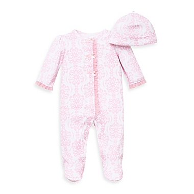 Little Me&reg; Newborn 2-Piece Damask Scroll Footie and Hat Set in Pink. View a larger version of this product image.
