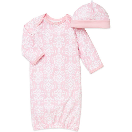 Alternate image 1 for Little Me® 2-Piece Damask Scroll Newborn Gown and Hat Set in Pink
