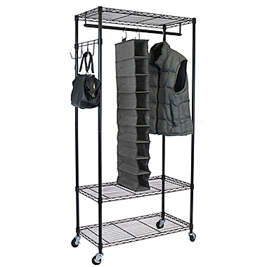 Oceanstar Garment Rack with Adjustable Shelves and Hooks in Black. View a larger version of this product image.
