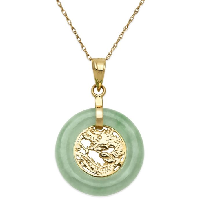 14K Yellow Gold Jadeite 18Inch Chain Round Dragon Pendant Necklace