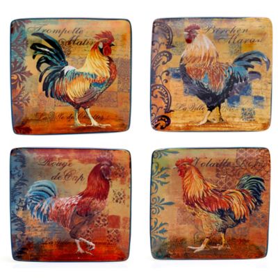 Certified International Rustic Rooster Assorted Square Canap Plates   59723944149055p