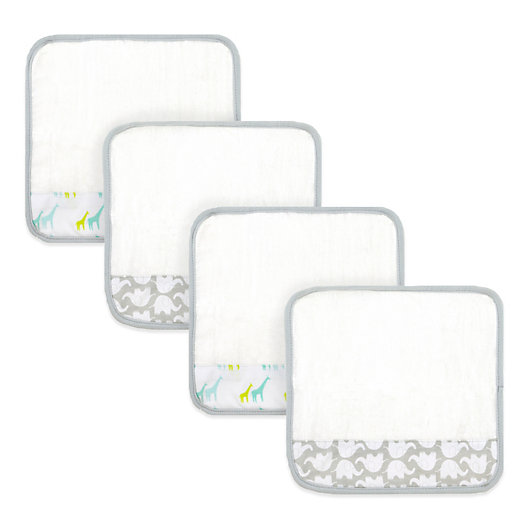 Alternate image 1 for Just Bath™ by Just Born® 4-Pack Giraffe/Elephant Washcloths in White/Grey/Green