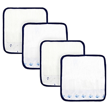 Just Born&reg; Whale/Anchor  4-Pack Washcloths in White/Navy. View a larger version of this product image.