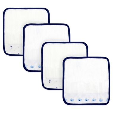 Just Born&reg; Whale/Anchor 4-Pack Washcloths in White/Navy. View a larger version of this product image.
