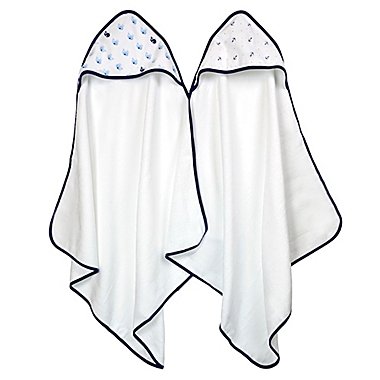 Just Born&reg; Whale and Anchor 2-Pack Hooded Towels in White/Navy. View a larger version of this product image.