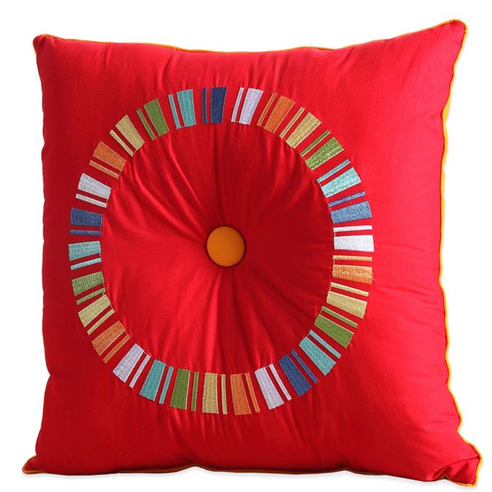 Fiesta Embroidered Circle Square Throw Pillow In Scarlet Bed