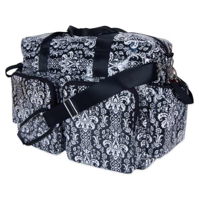 Trend Lab Deluxe Midnight Fleur Demask Duffle Diaper Bag in Black/White