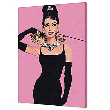 Audrey Hepburn with Pink Background Canvas Wall Art. View a larger version of this product image.