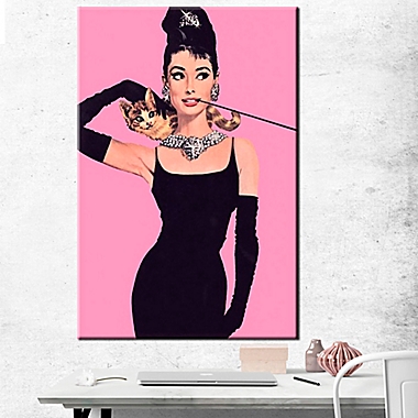 Audrey Hepburn with Pink Background Canvas Wall Art. View a larger version of this product image.