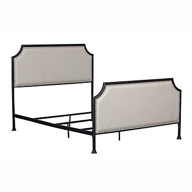 Pulaski Upholstered Metal Queen Bed with Tack Accent Border in Cream/Black. View a larger version of this product image.