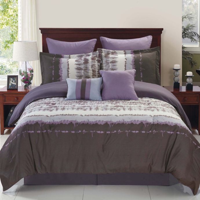 grey comforter with purple flowers