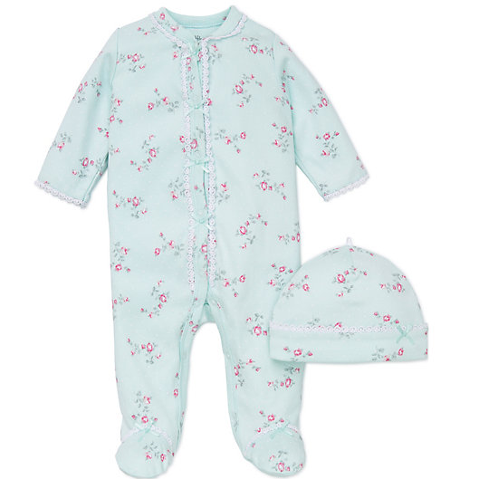 Alternate image 1 for Little Me® 2-Piece Floral Spray Footie and Hat Set in Aqua