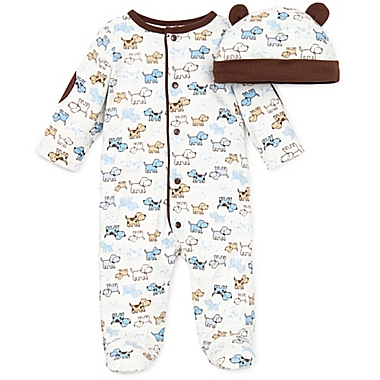 Little Me&reg; Preemie 2-Piece Cute Puppies Footie and Hat Set in Ivory/Brown. View a larger version of this product image.