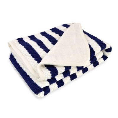 Just Born&reg; Awning Stripe Cable Knit Blanket in Navy/White