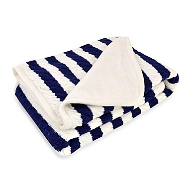 Just Born&reg; Awning Stripe Cable Knit Blanket in Navy/White. View a larger version of this product image.