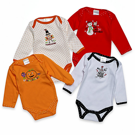 Alternate image 1 for Baby Gear 4-Pack Long Sleeve Holiday Bodysuits