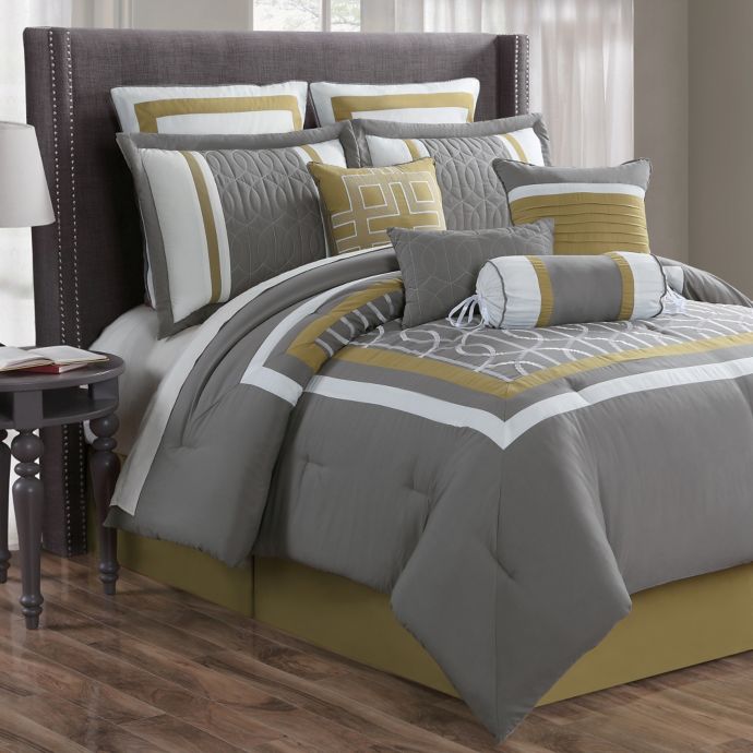 Morris 10-Piece Comforter Set in Charcoal/Yellow | Bed ...