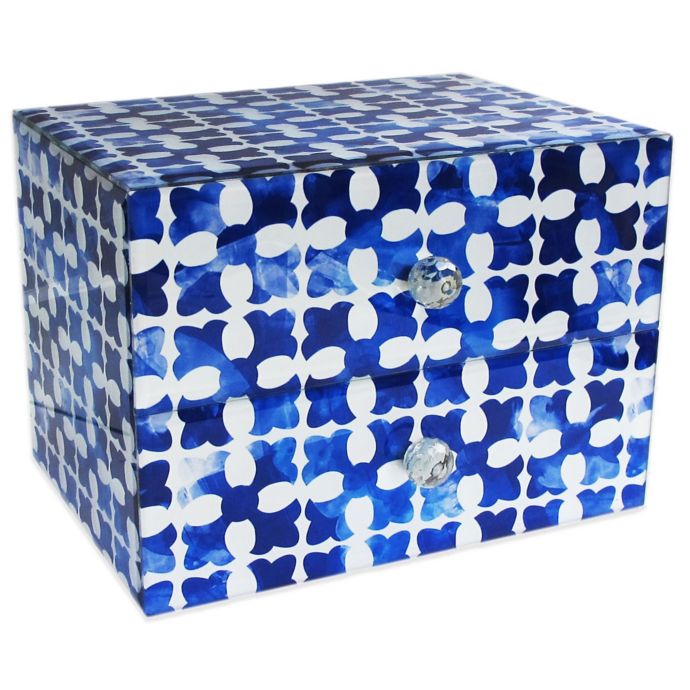 Allure by Jay Medallion Squares 2Drawer Glass Jewelry Box in Blue