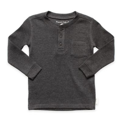 Planet Cotton&reg; Crew Neck Long Sleeve Thermal Henley T-Shirt with Pocket in Charcoal