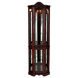 Southern Enterprises Lighted Corner Curio Cabinet in Rich Mahogany Finish