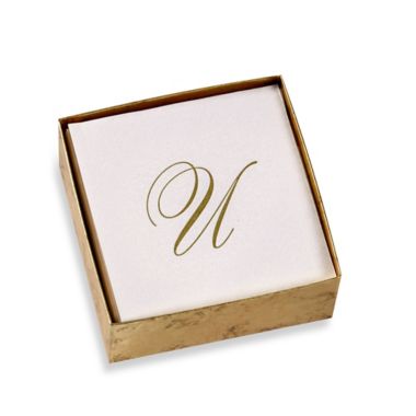 Caspari Script Initial "U" Boxed Cocktail Napkin in Gold. View a larger version of this product image.