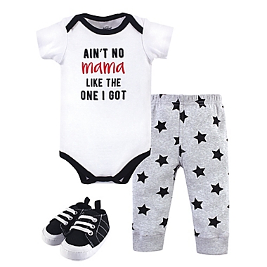 Little Treasure&reg; Size 0-3M 3-Piece Mama Bodysuit, Pant, and Shoe Set in White/Grey. View a larger version of this product image.