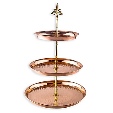 Old Dutch International 3-Tier Hammered Copper Serving Stand with Brass Stem. View a larger version of this product image.