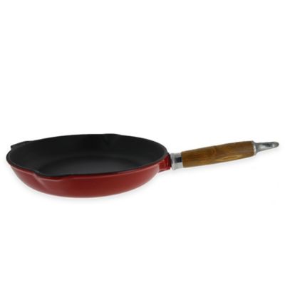 Chasseur 10.5-Inch Enameled Cast Iron Fry Pan with Wooden Handle in Red