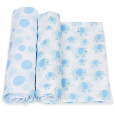 MiracleWare 2-Pack Dot/Elephant Muslin Swaddles in White/Blue