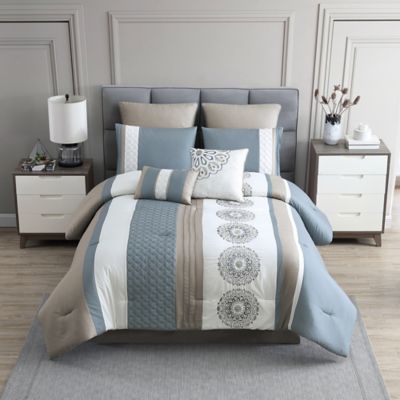 Claywood 8 Piece Comforter Set Bed, Blue And Grey King Bedding Sets