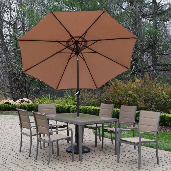 Oakland Living Padded Sling 9 Piece Dining Set With Umbrella And