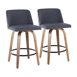 LumiSource Toriano Wood Counter Stool in Blue with Round Black Metal Footrest (Set of 2)
