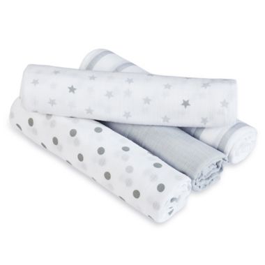 aden + anais&trade; essentials Dove Muslin 4-Pack swaddleplus&reg; Blankets in Grey/White. View a larger version of this product image.