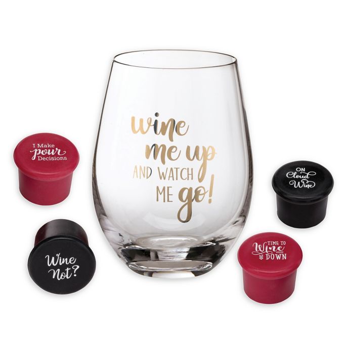 Lillian Rose™ Wine Me Up Stemless Wine Glasses with 4 Wine Stoppers