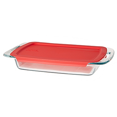 Pyrex&reg; Easy Grab&trade; 3 qt. Oblong Glass Baking Dish with Red Plastic Cover. View a larger version of this product image.