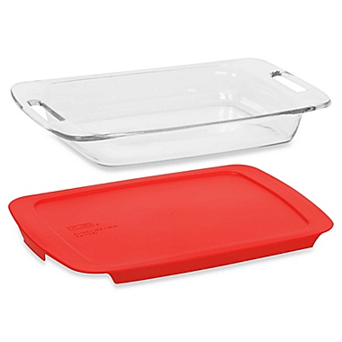 Pyrex&reg; Easy Grab&trade; 3 qt. Oblong Glass Baking Dish with Red Plastic Cover. View a larger version of this product image.