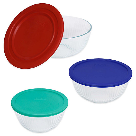 Alternate image 1 for Pyrex® 3-Piece Glass Mixing Bowls with Lids Set